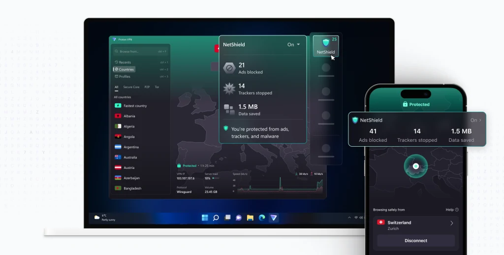 Proton VPN free tier interface showing privacy features